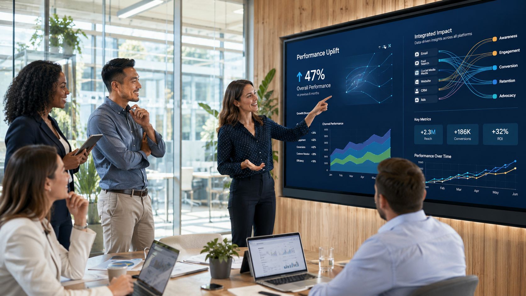 A professional team reviews marketing data metrics on a large digital screen during a collaborative office meeting.
