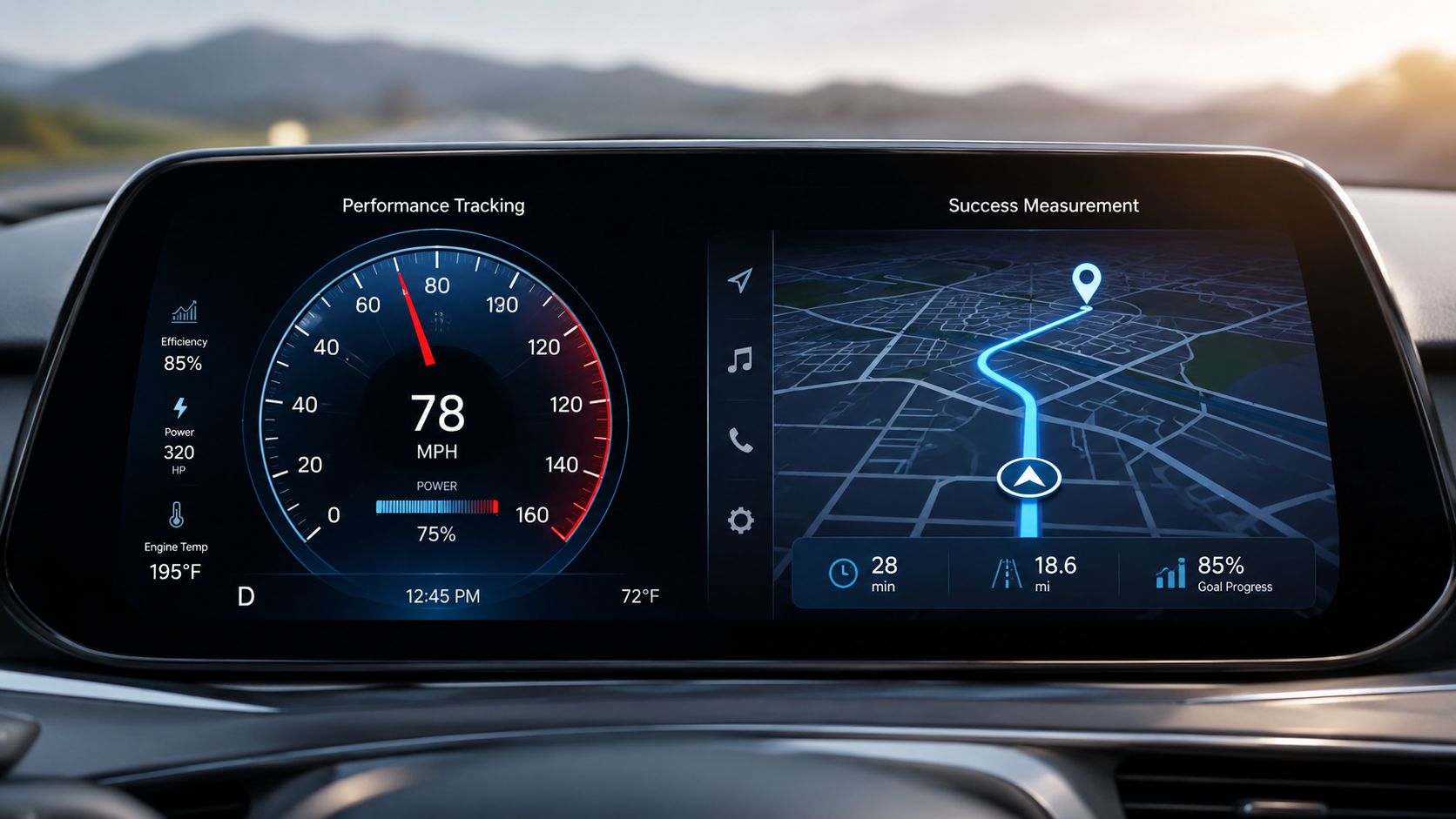 A modern car digital dashboard display showing speed, engine temperature, and a navigation map route.