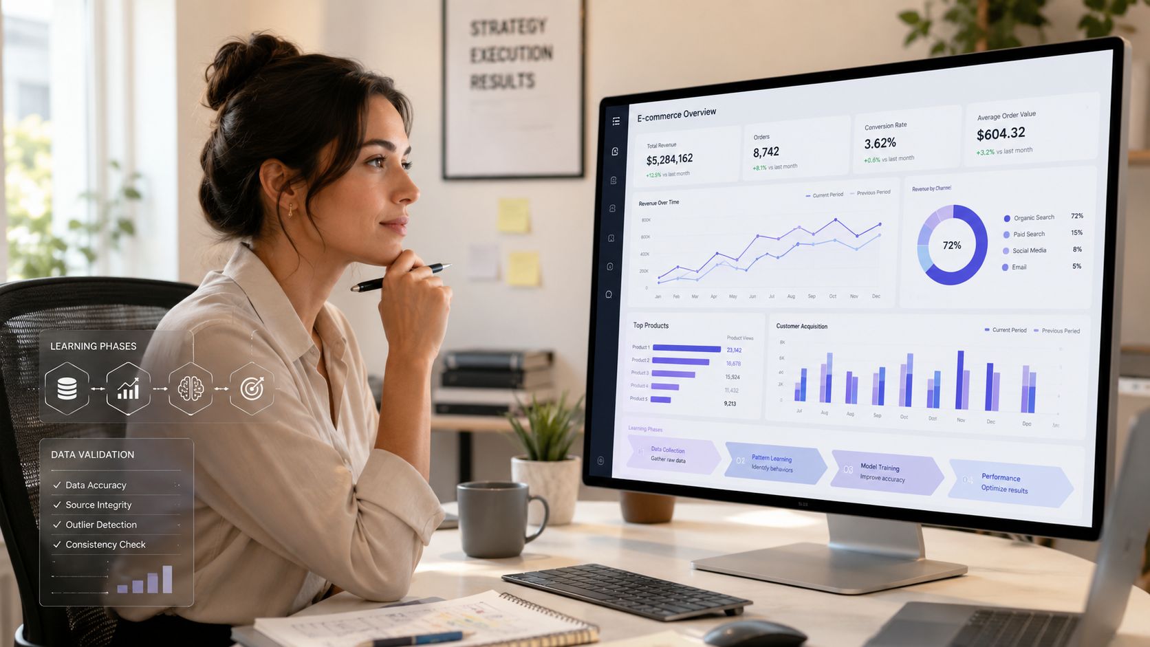 A woman analyzing e-commerce performance data and marketing metrics on a large digital computer monitor.