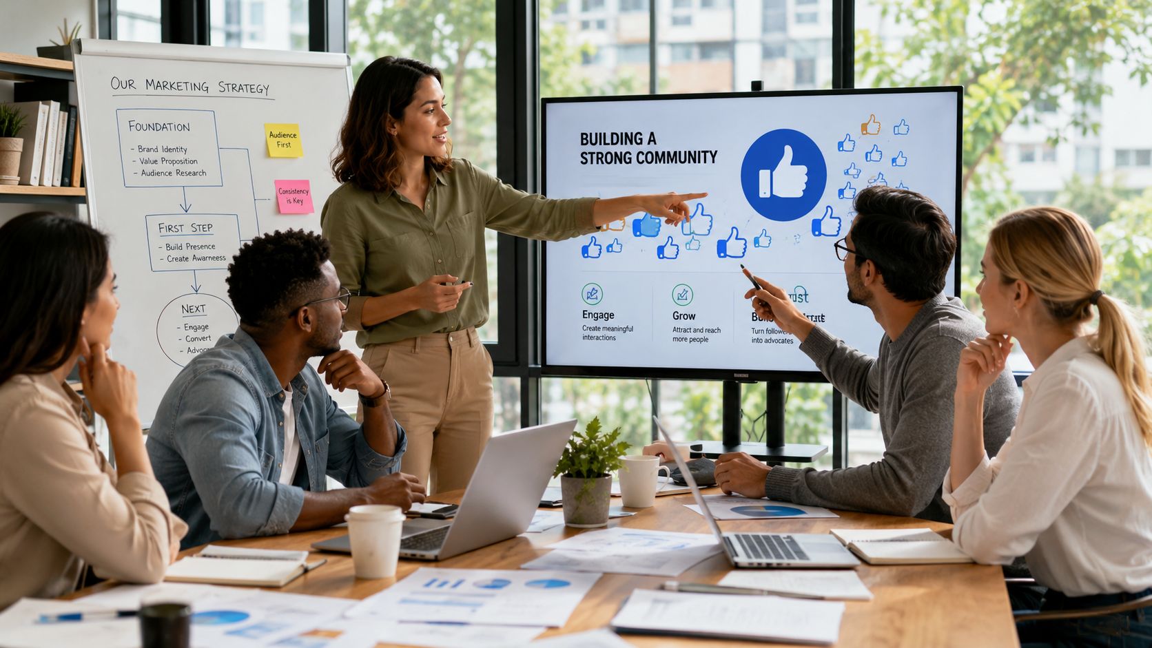 A diverse business team collaborating on a marketing strategy presentation in a modern bright office space.