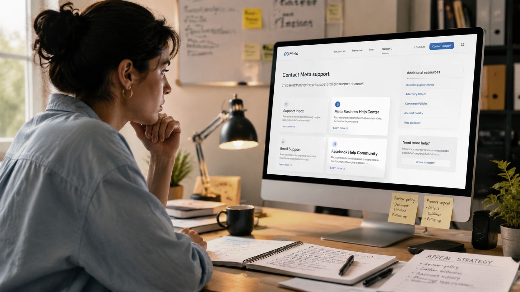 A woman working at a computer desk viewing a Meta support page regarding account restriction assistance.