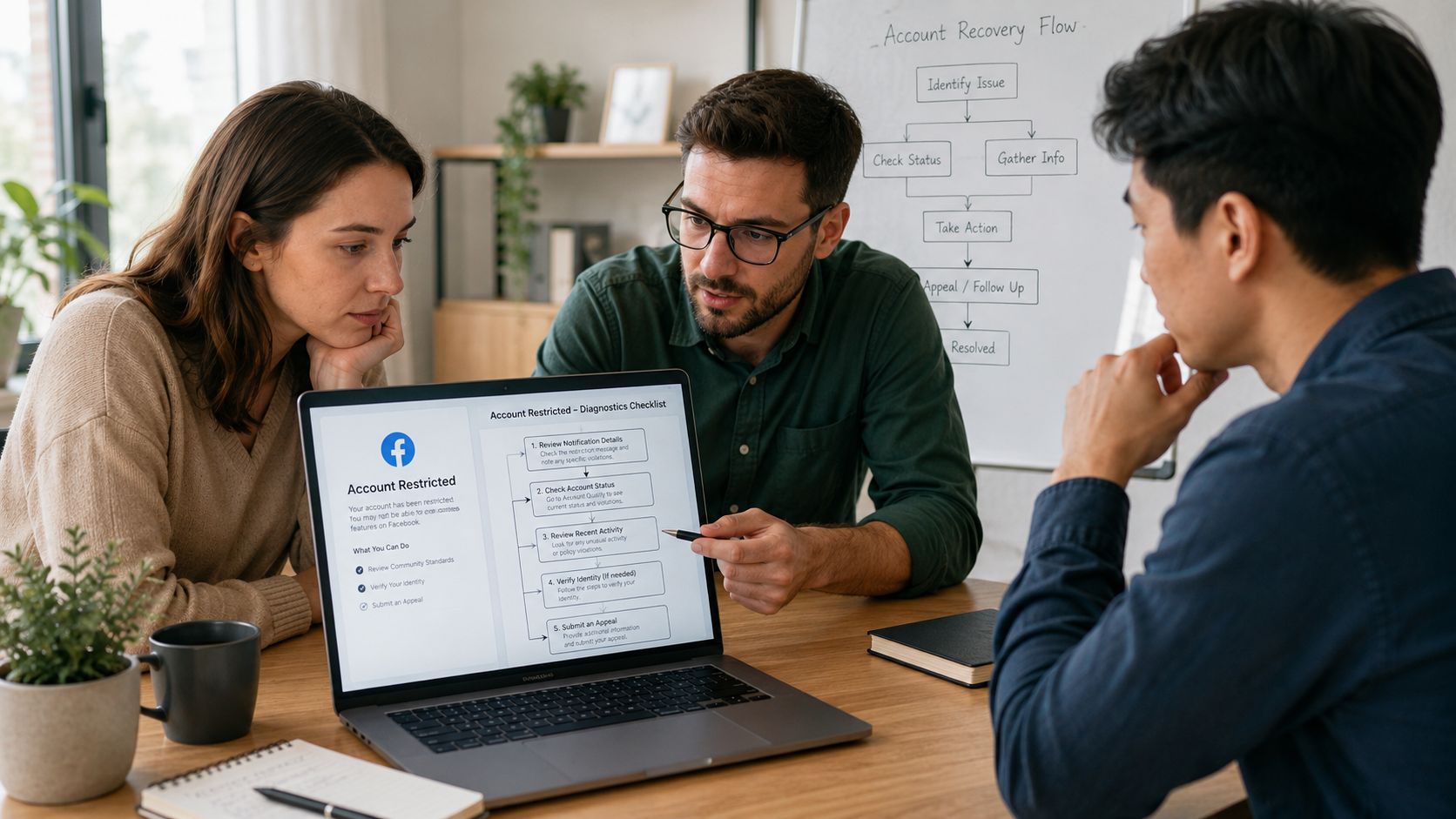 A professional team discussing account recovery and restricted Facebook account status while looking at a laptop.
