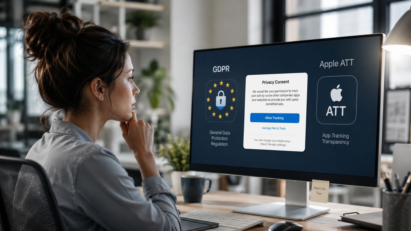 A woman looks at a computer screen showing a privacy consent pop-up comparing GDPR and Apple ATT.