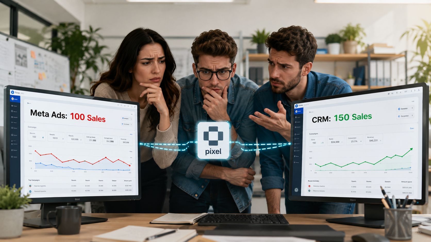 A team analyzing data discrepancies between Meta Ads and CRM sales using pixel tracking software solutions.