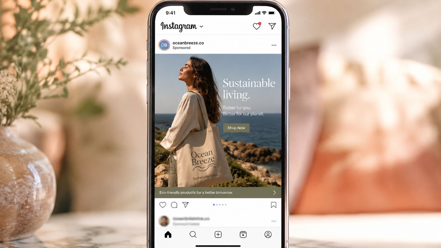 A smartphone screen displaying an Instagram feed advertisement for a sustainable lifestyle brand called Ocean Breeze.