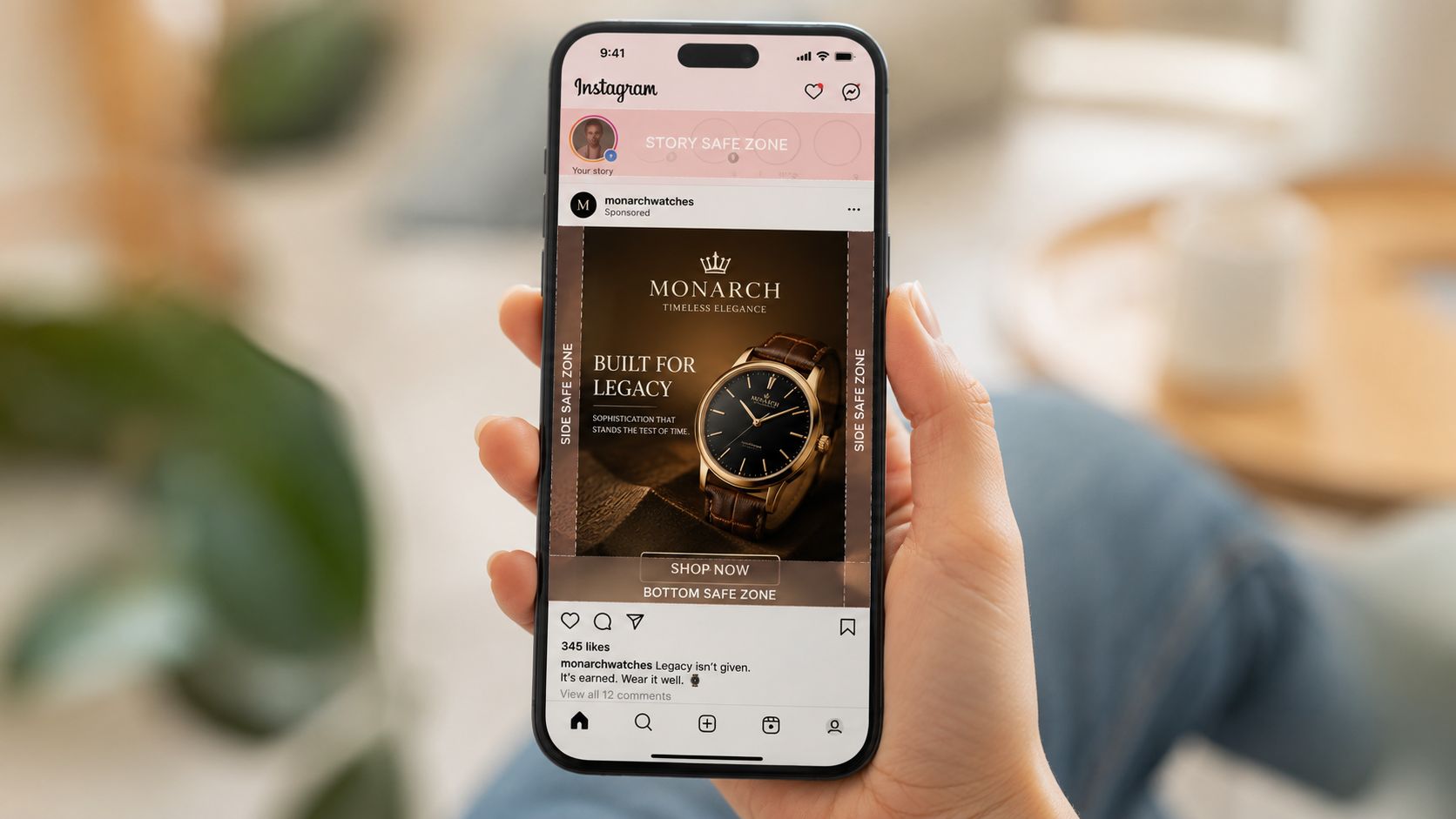 A close-up of a hand holding a smartphone displaying an Instagram advertisement for Monarch watches.