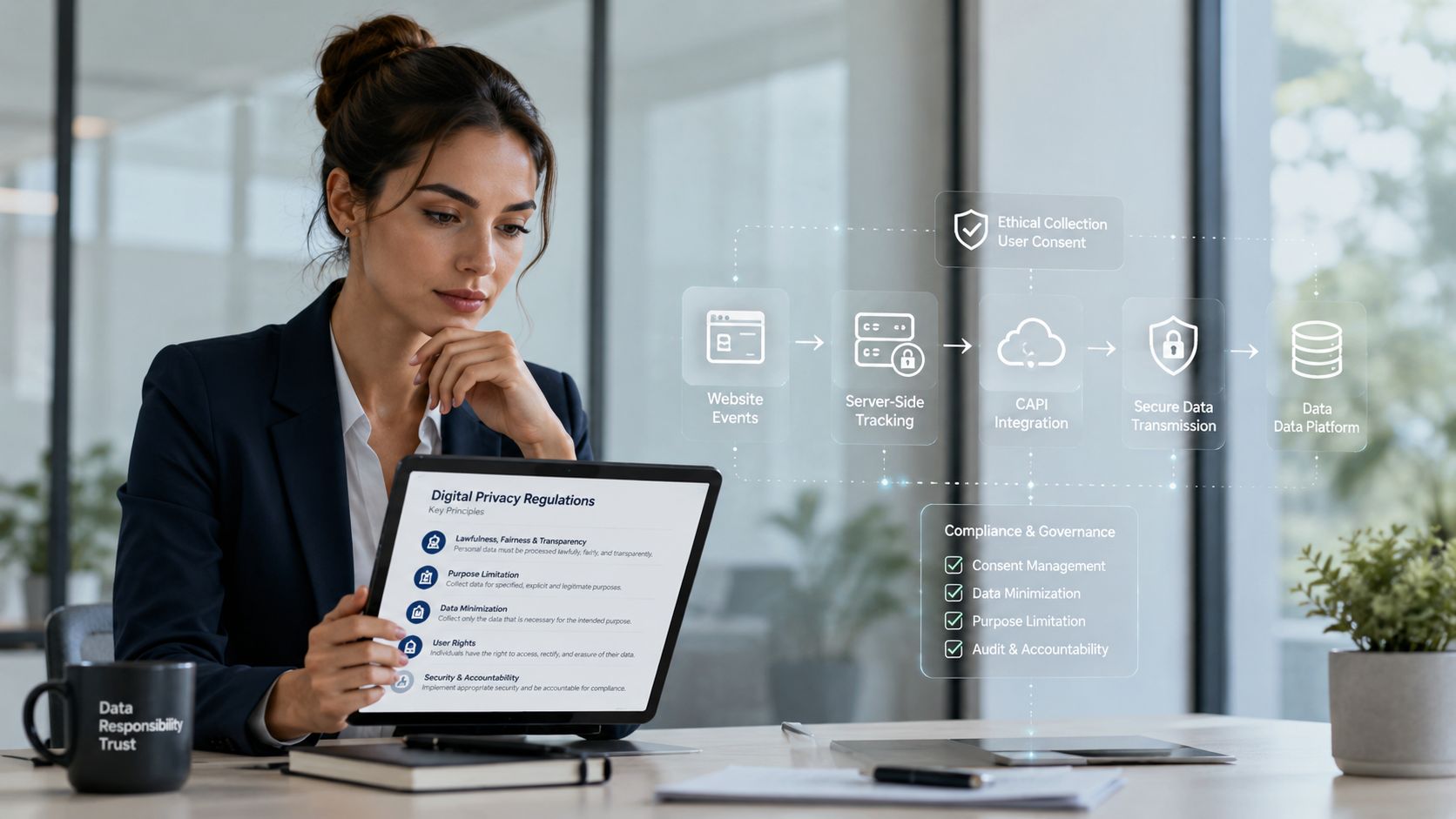 A businesswoman reviews a tablet displaying privacy regulations while a digital workflow diagram shows secure data processing.