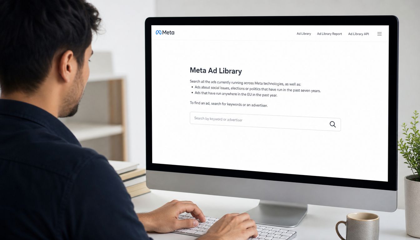 A man working on his computer in an office while searching on the Meta Ad Library website.