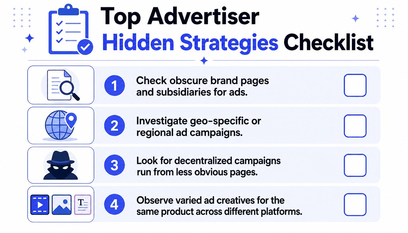 A checklist graphic titled Top Advertiser Hidden Strategies listing four actionable tips for analyzing advertising campaigns.