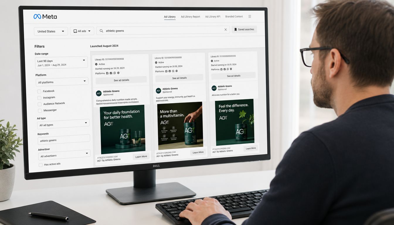 A man wearing glasses sitting at a computer desk searching for Athletic Greens ads on Meta Ad Library.