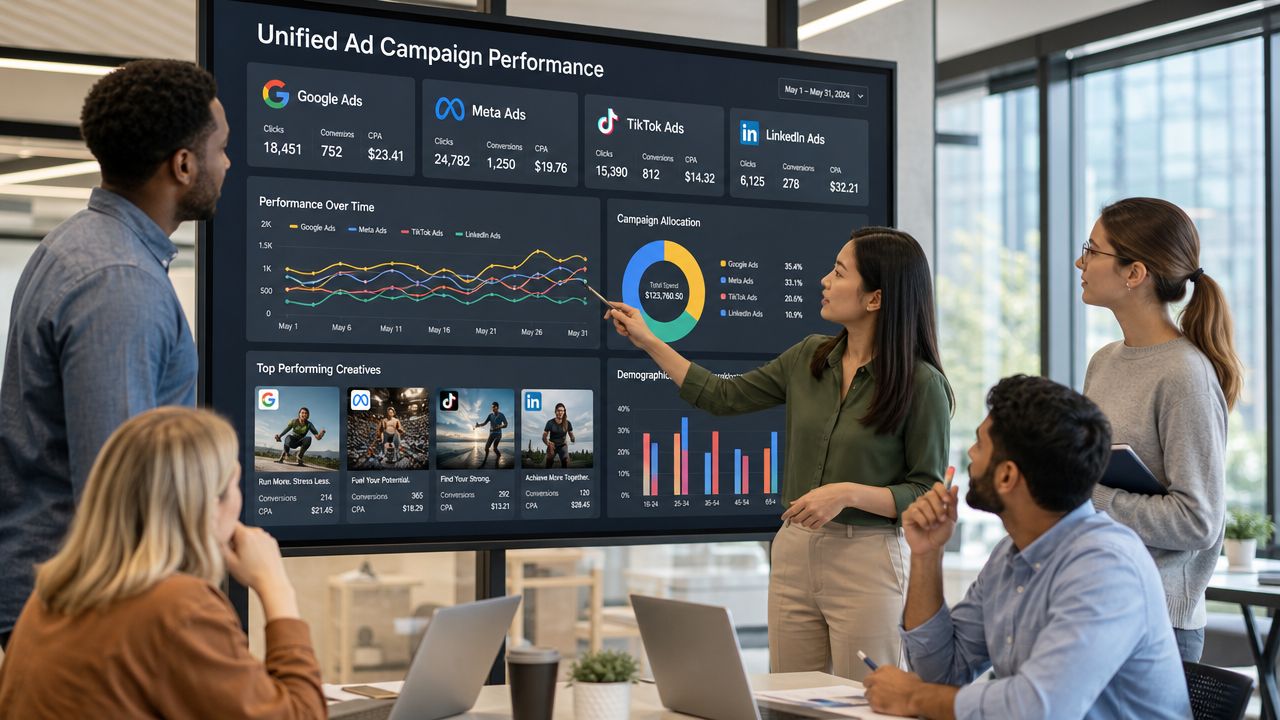 A team of diverse professionals collaborating while reviewing unified ad campaign performance data on a large screen.