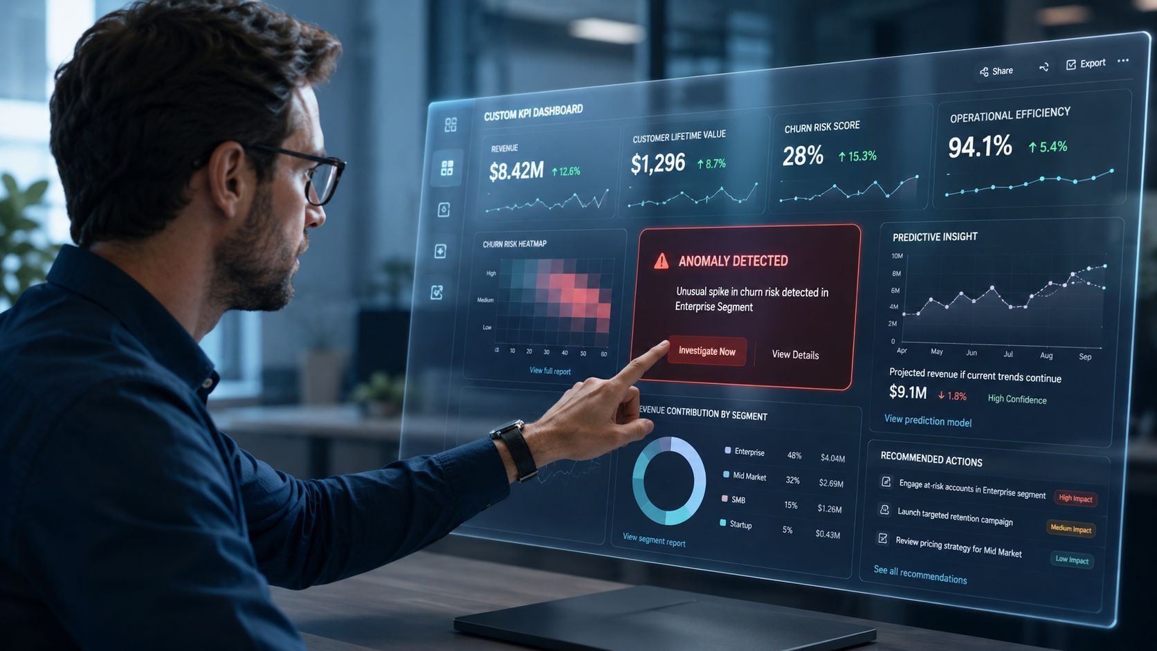 A professional analyzing a digital KPI dashboard on a transparent interface displaying real-time business performance analytics.