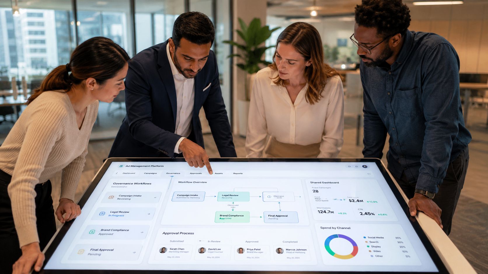 A professional team collaborating on a digital marketing strategy using a large, interactive touchscreen table.