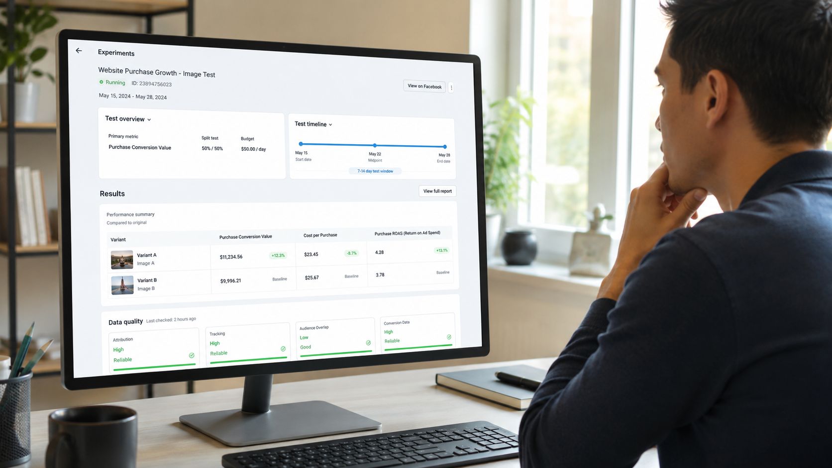A professional man analyzing a Facebook ad experiment results dashboard on a desktop computer screen.